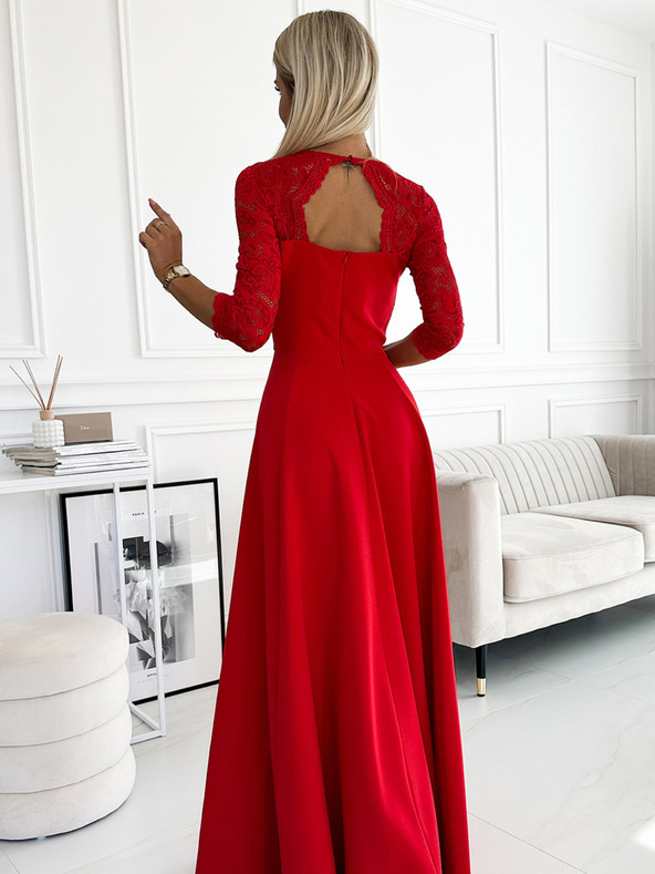 numoco Rochie lungă din dantelă, elegantă, cu decolteu în formă de inimă și crăpătură pe picior - roșu Numoco AMBER