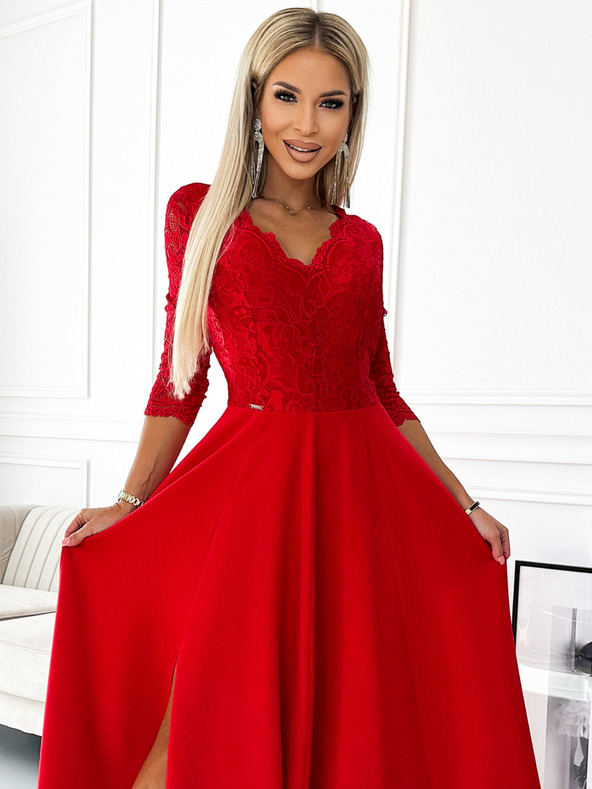 numoco Rochie lungă din dantelă, elegantă, cu decolteu în formă de inimă și crăpătură pe picior - roșu Numoco AMBER