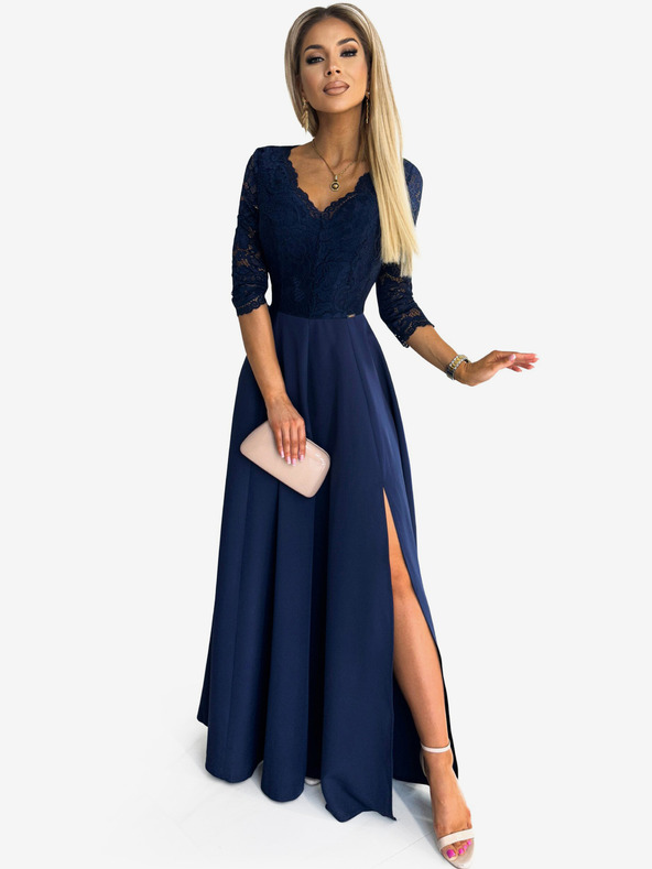numoco Rochie lungă elegantă din dantelă cu decolteu - albastru închis Numoco AMBER