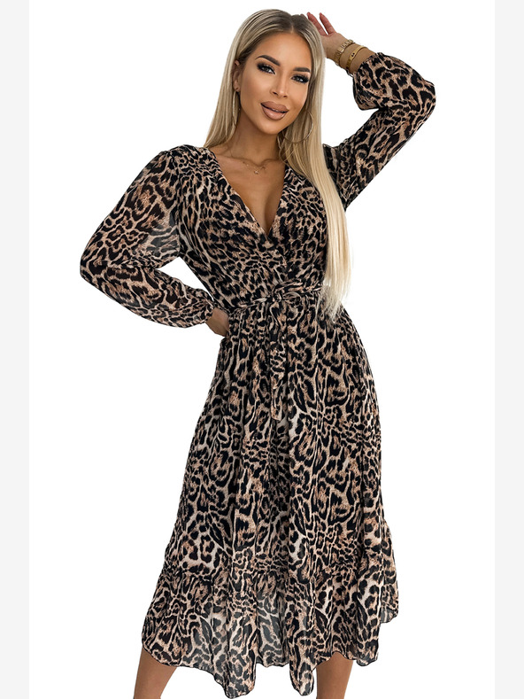 numoco Rochie mai lungă din șifon cu decolteu, volane și curea - imprimeu leopard Numoco WILD