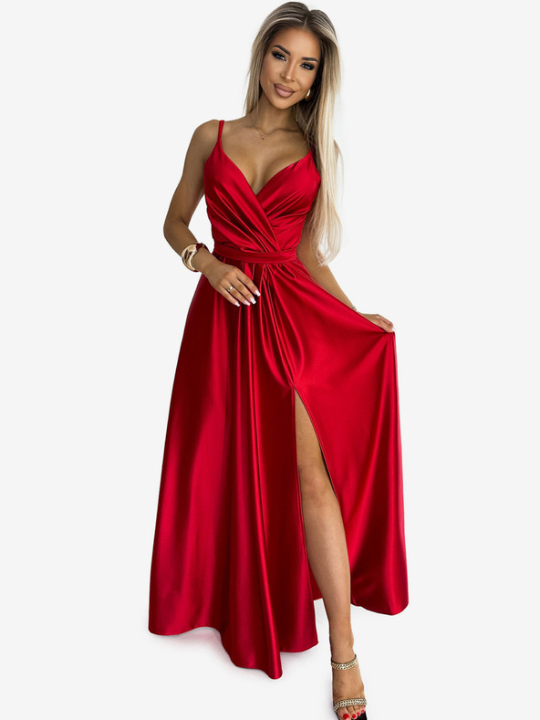 numoco Rochie lungă elegantă din satin cu decolteu și fantă pe picior - roșu Numoco JULIET