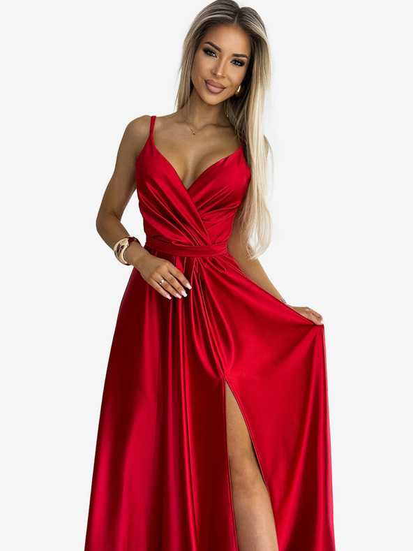 numoco Rochie lungă elegantă din satin cu decolteu și fantă pe picior - roșu Numoco JULIET