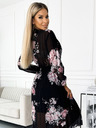 numoco Rochie midi plisată cu nasturi și mâneci lungi - trandafiri pe fond negru Numoco CARLA