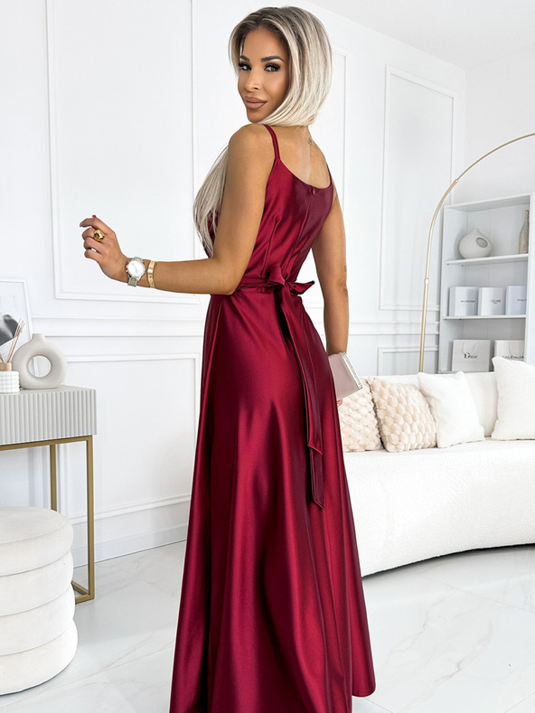 numoco Rochie lungă elegantă din satin, cu decolteu și fantă pentru picioare - burgundia Numoco JULIET