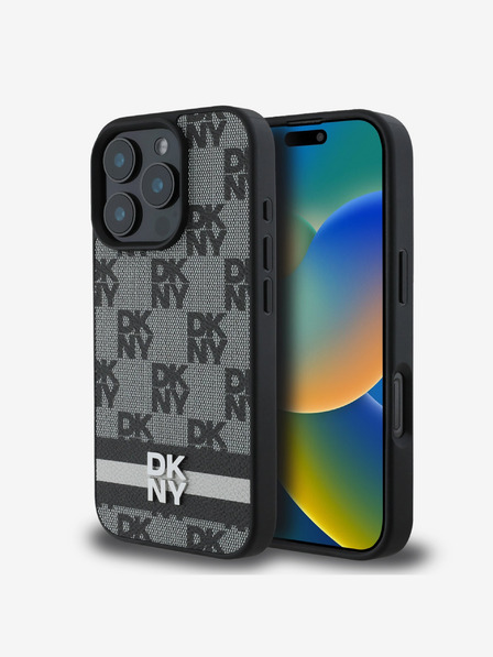 DKNY DKNY PU Leather Checkered Pattern și Stripe Back Cover pentru iPhone 16 Pro negru