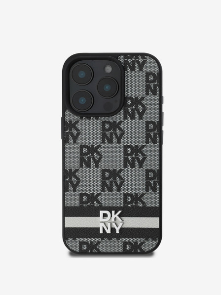 DKNY DKNY PU Leather Checkered Pattern și Stripe Back Cover pentru iPhone 16 Pro negru