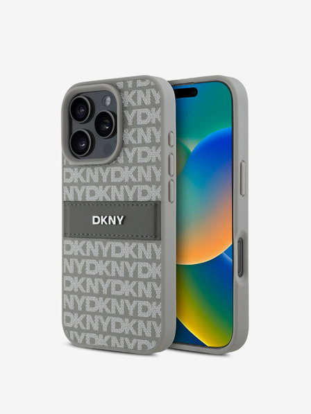 DKNY DKNY PU Leather Repeat Pattern Tonal Stripe Back Cover pentru iPhone 16 Pro Bej