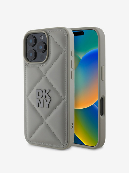 DKNY DKNY PU Leather Quilted Stack Logo Back Cover pentru iPhone 16 Pro Max gri