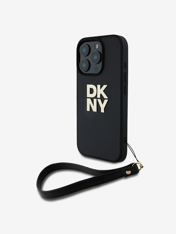 DKNY DKNY PU Leather Stack Logo Wrist Strap Back Cover pentru iPhone 16 Pro Max negru