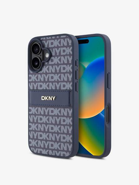 DKNY DKNY PU Leather Repeat Pattern Tonal Stripe Back Cover pentru iPhone 16 Albastru