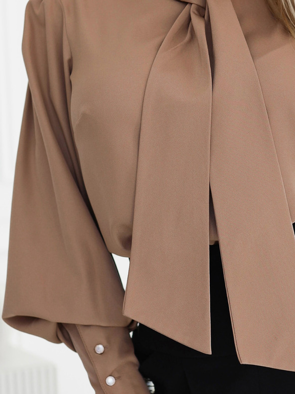 numoco Bluză cu mânecă lungă de damă maro cu cravată și nasturi Numoco