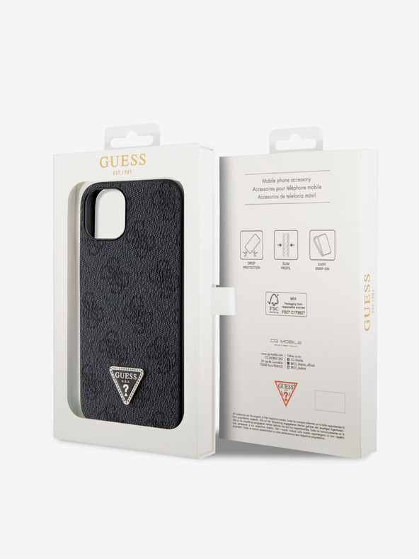 Guess Guess PU 4G Strass Triangle Metal Logo Back Cover pentru iPhone 15 negru