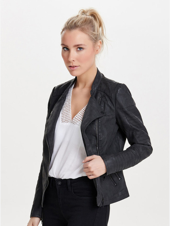 ONLY Jachetă curbată din piele neagră pentru femei cu buzunare ONLY Biker