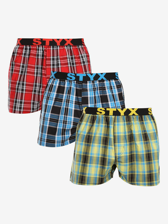 Styx Set de trei pantaloni scurți bărbătești cu carouri în verde deschis, albastru și roșu STYX