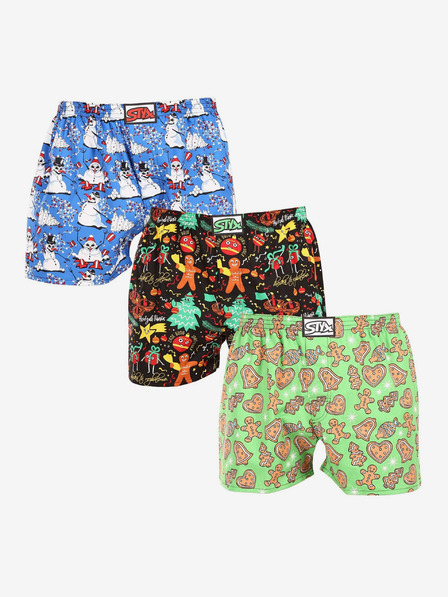 Styx Set de trei pantaloni scurți de Crăciun pentru bărbați în albastru deschis, negru și verde deschis STYX