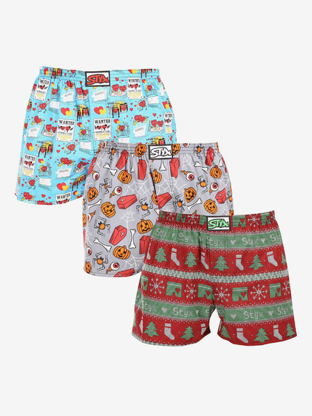 Styx Set de trei pantaloni scurți bărbătești cu model în albastru deschis, gri și roșu STYX