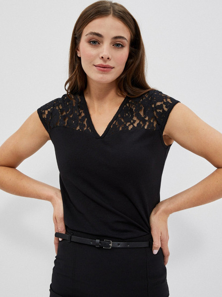 Moodo Tricou negru cu decolteu în V și dantelă Moodo