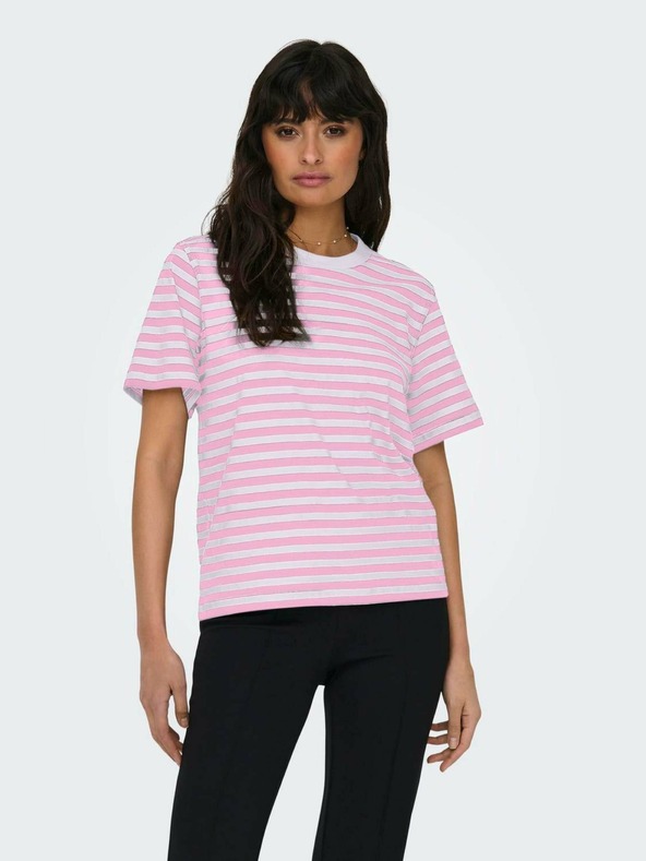 ONLY Tricou alb și roz cu dungi pentru femei ONLY