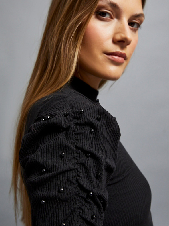 Moodo Bluză de damă neagră cu mâneci bufante și guler înalt Moodo