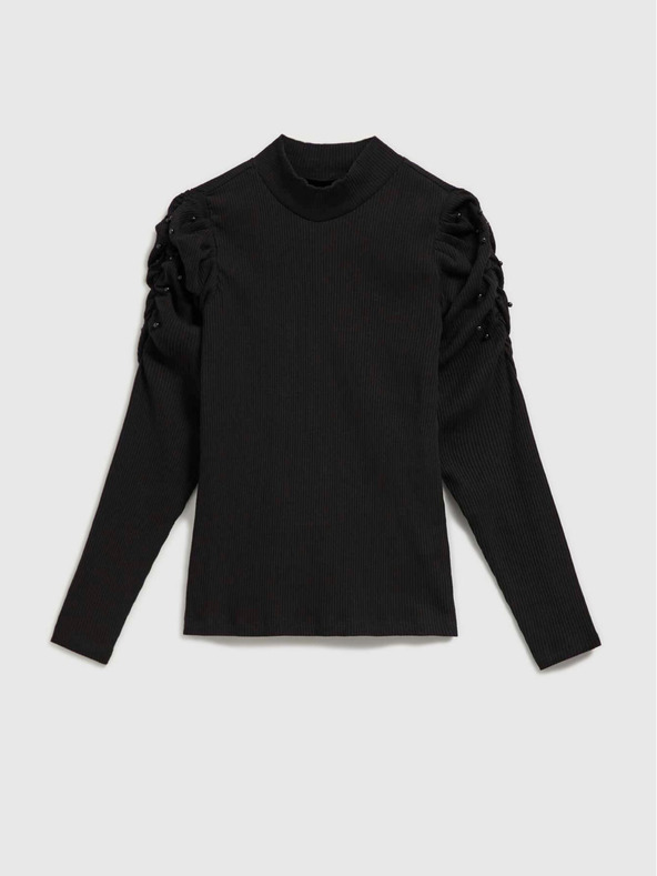 Moodo Bluză de damă neagră cu mâneci bufante și guler înalt Moodo