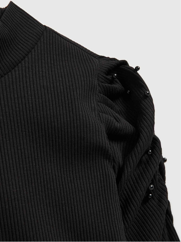 Moodo Bluză de damă neagră cu mâneci bufante și guler înalt Moodo