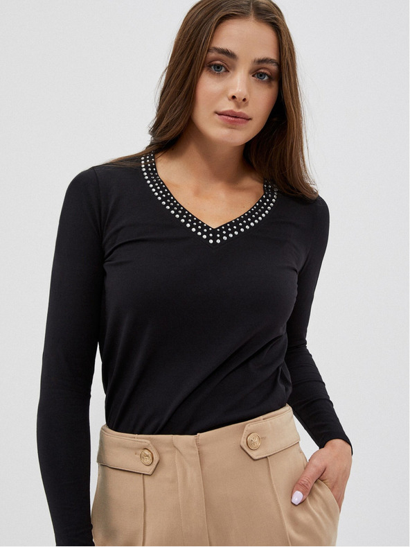 Moodo Tricou negru de damă cu decolteu decorativ Moodo