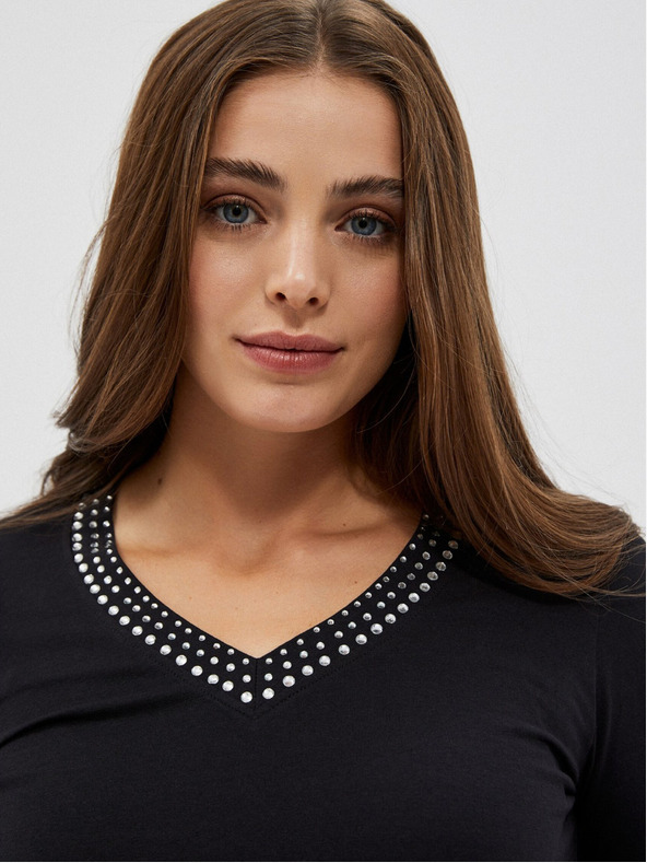Moodo Tricou negru de damă cu decolteu decorativ Moodo