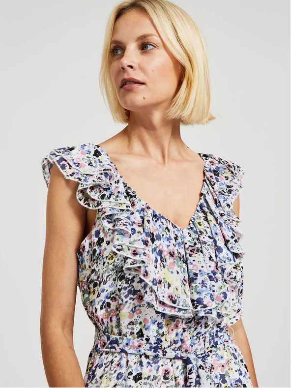 Moodo Rochie albastră cu flori și volane la decolteu Moodo