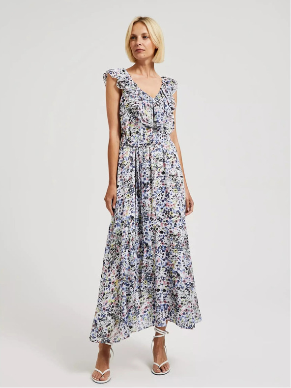 Moodo Rochie albastră cu flori și volane la decolteu Moodo