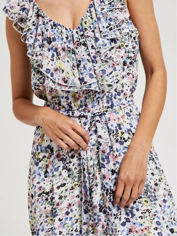 Moodo Rochie albastră cu flori și volane la decolteu Moodo