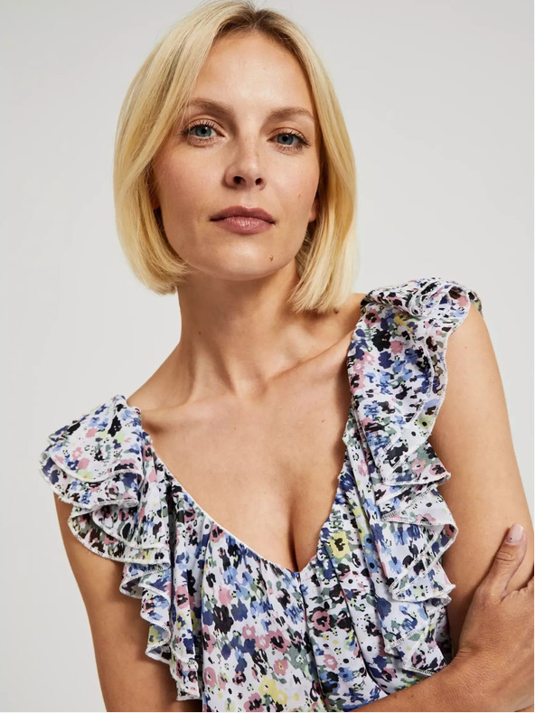 Moodo Rochie albastră cu flori și volane la decolteu Moodo