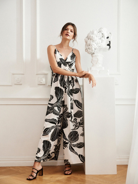 Moodo Salopetă albă și neagră cu model tropical Moodo