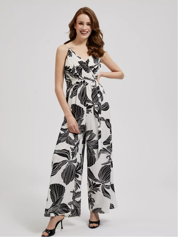 Moodo Salopetă albă și neagră cu model tropical Moodo