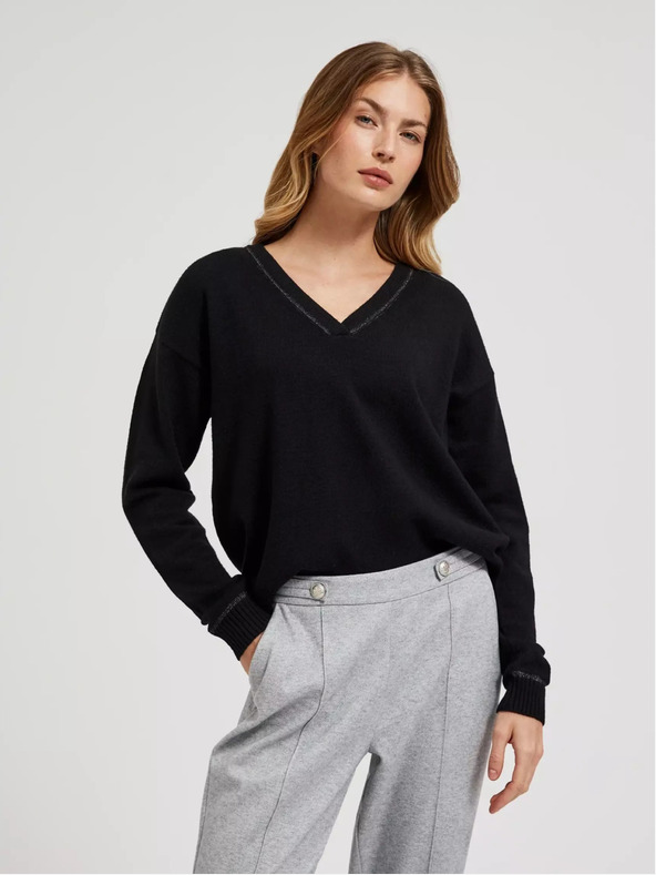 Moodo Pulover negru cu mânecă lungă și decolteu în V Moodo