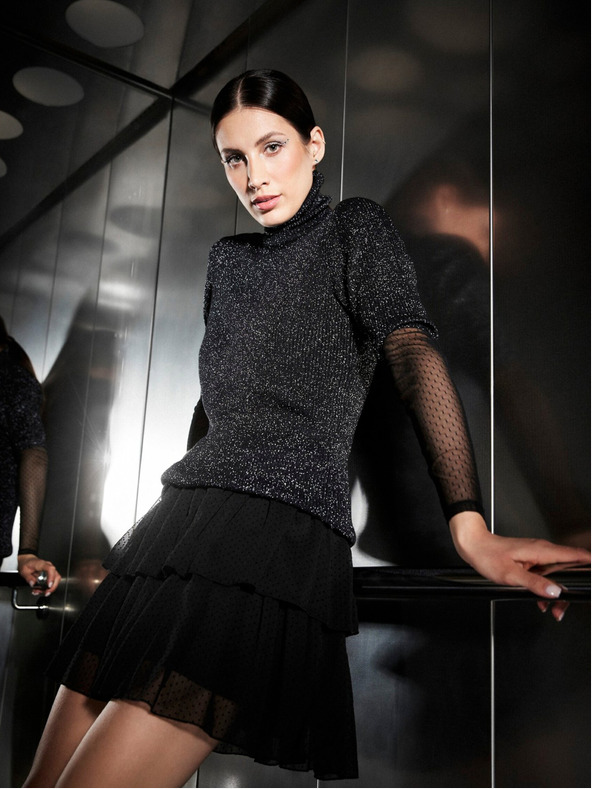 Moodo Pulover negru cu guler pentru femei cu fir metalic Moodo