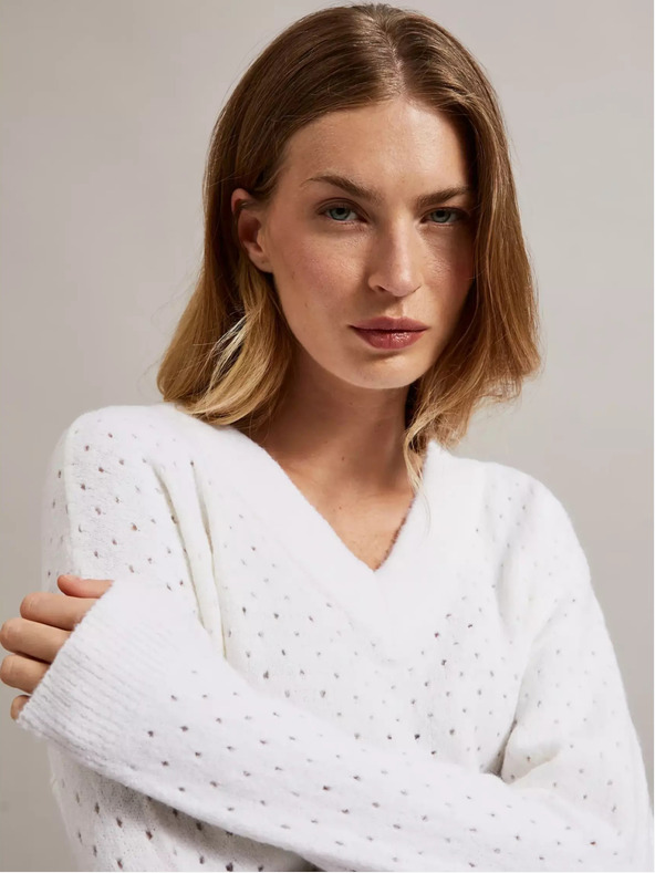 Moodo Pulover alb cu decolteu în V, cu mâneci întredeschise Moodo