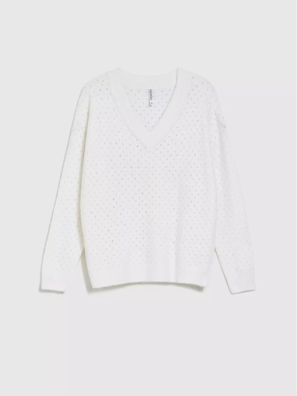 Moodo Pulover alb cu decolteu în V, cu mâneci întredeschise Moodo