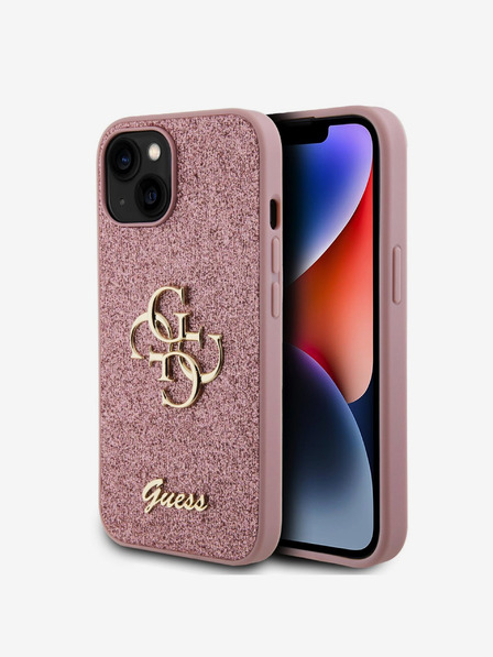 Guess PU Fixed Glitter 4G Metal Logo Zadní Kryt pro iPhone 15 Pink Carcasa de telefon