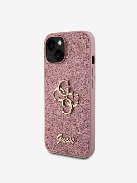Guess PU Fixed Glitter 4G Metal Logo Zadní Kryt pro iPhone 15 Pink Carcasa de telefon