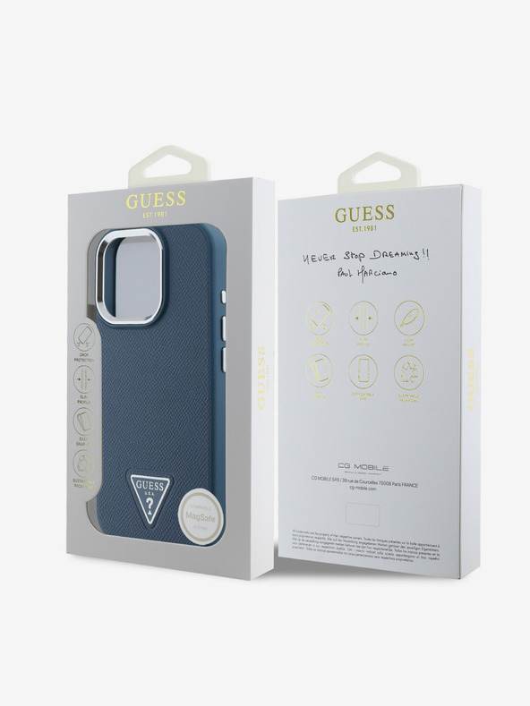 Guess Guess PU Grained Triangle Logo Back Cover pentru iPhone 16 Pro Albastru