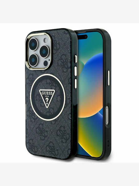Guess Guess IML 4G Glitter și Triangle Logo MagSafe Back Cover pentru iPhone 16 Pro Max negru
