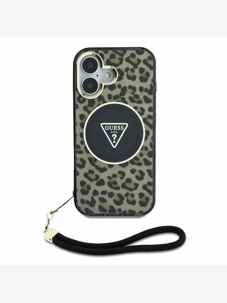 Guess Guess IML Leopard Triangle Logo Strap MagSafe Back Cover pentru iPhone 16 Brown