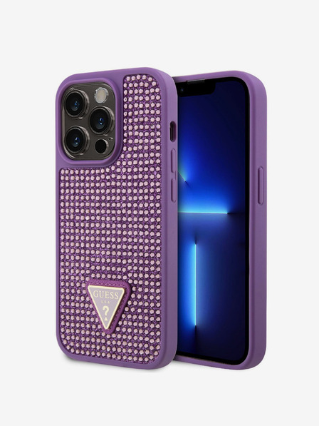 Guess Husă Guess cu logo metalic triunghiular cu pietre prețioase pentru iPhone 15 Pro Purple