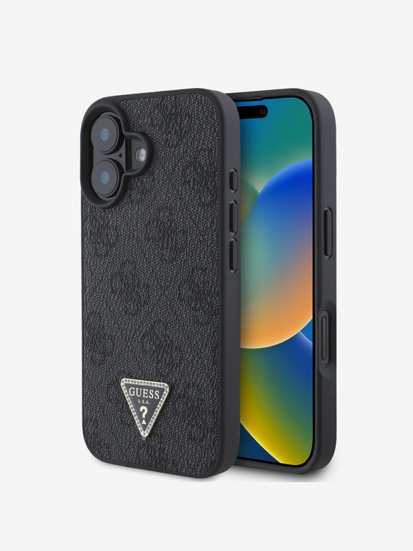 Guess Guess PU 4G Strass Triangle Metal Logo Back Cover pentru iPhone 16 Negru
