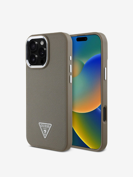 Guess Guess PU Grained Triangle Logo Back Cover pentru iPhone 16 Pro Max Brown