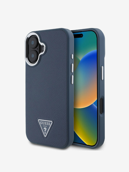 Guess Guess PU Grained Triangle Logo Back Cover pentru iPhone 16 Albastru