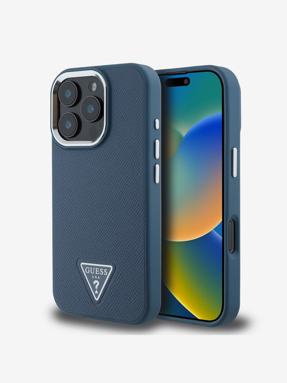 Guess Guess PU Grained Triangle Logo Back Cover pentru iPhone 16 Pro Max Albastru