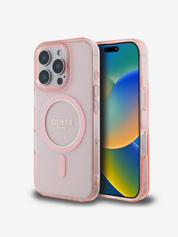 Guess Guess IML Glitter Ring MagSafe Back Cover pentru iPhone 16 Pro Roz