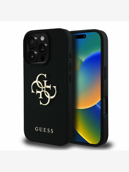 Guess Guess PU Grained 4G Metal Logo Back Cover pentru iPhone 16 Pro Max Negru