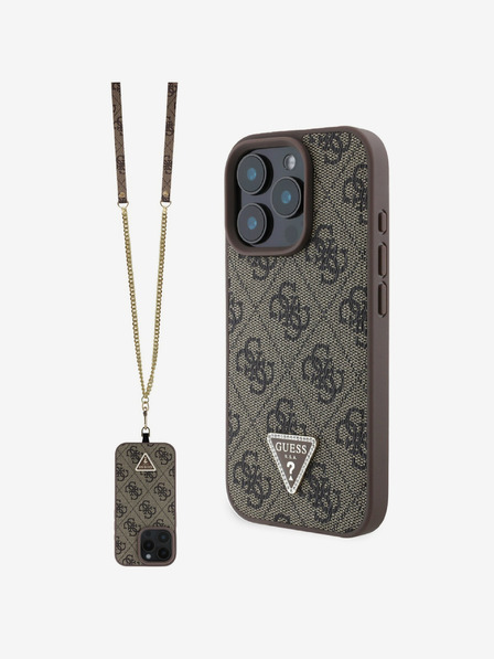 Guess PU 4G Strass Triangle Metal Logo Zadní Kryt + Crossbody Popruh pro iPhone 16 Pro Max Brown Carcasa de telefon